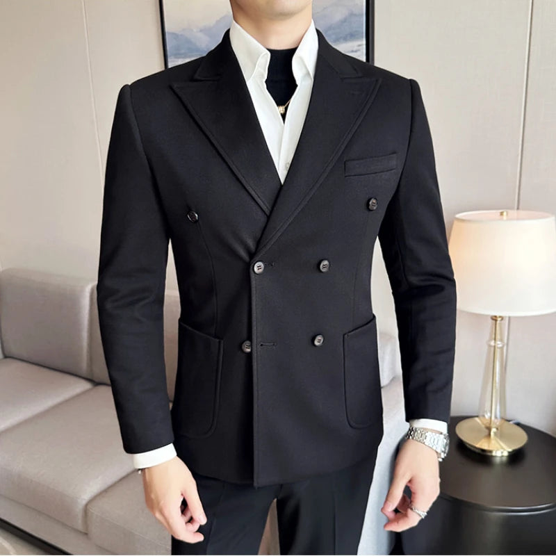 Hehope Men's Double-Breasted Business Suit Jackets/Male Slim Fit Solid Color Office Dress Blazers Casual Trendy Masculino Tuxedo 3XL-M