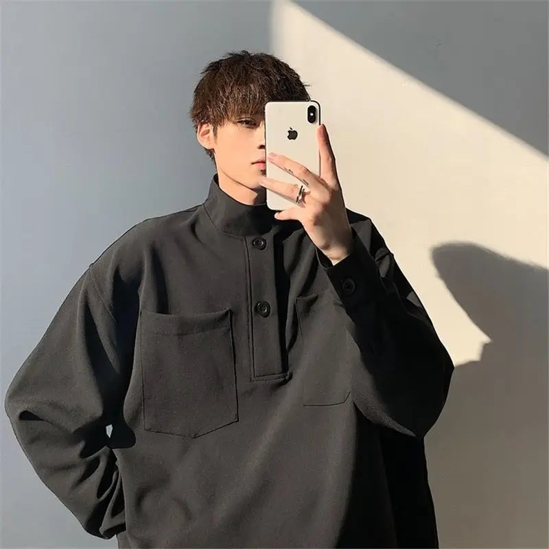 Hehope Autumn Blouse Shirt for Men Half High Collar Simplicity Style Long Sleeved Solid Color Shirt Male Blouses Ropa Hombre