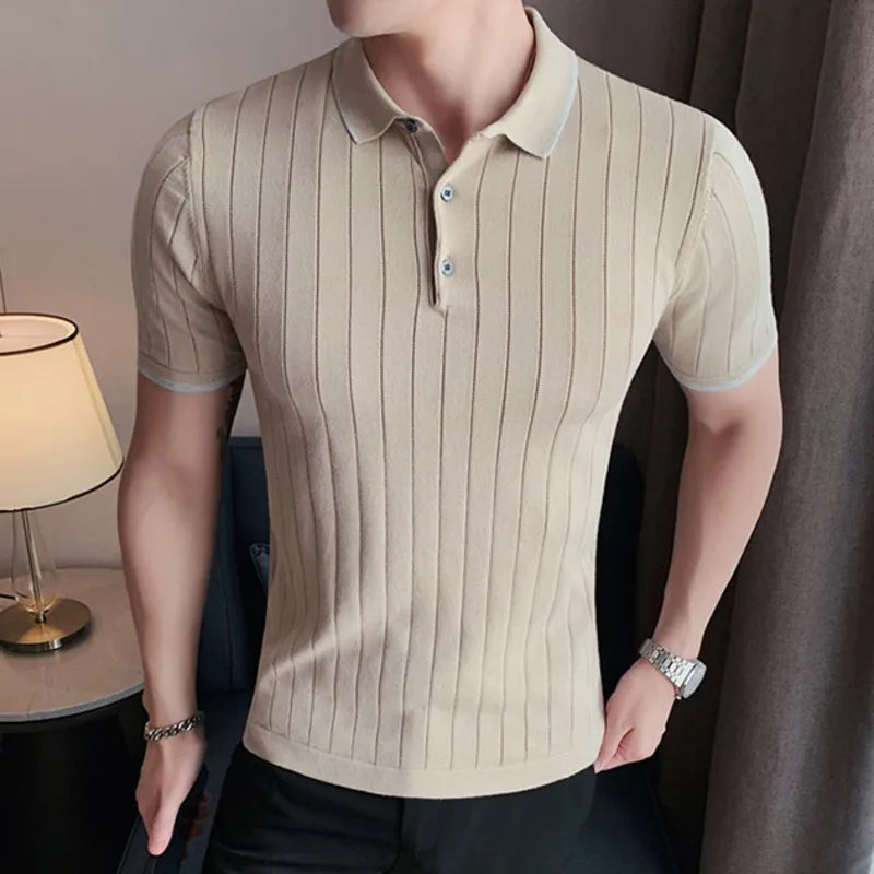 Hehope Summer Striped Knitted Polo Shirt Men Short Sleeve Lapel Tee Tops High Quality Casual Slim Fit Business Social Polos Streetwear