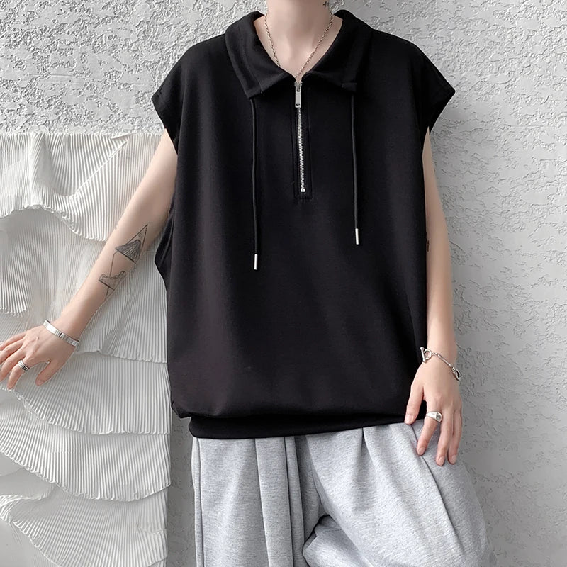 Hehope Men Turn-down Collar Tanks Drawstring Vest Summer Simple Loose Breathable Teenager Fashion Sleeveless Casual Tops Plus Size 2XL