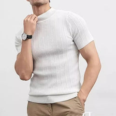 Hehope 2024 Spring Summer Casual Knit T Shirts For Men Solid Color Short-sleeved Slim Jumper Tops Mens Knitwear Fashion Mock Neck Tees