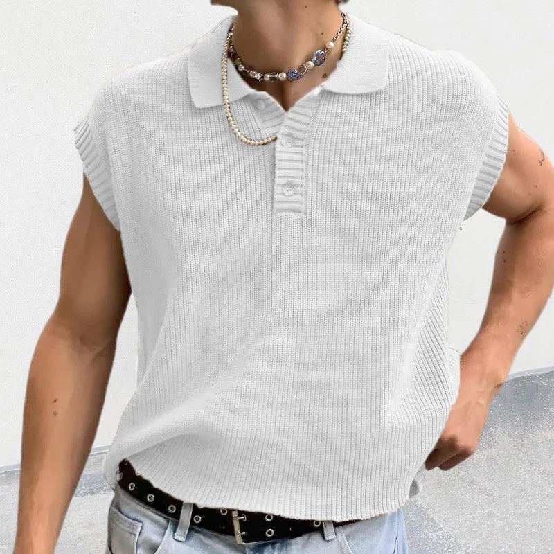 Hehope Leisure Solid Knitting Tops Men Sleeveless Buttoned Turn-down Collar Knit Vest Shirts Spring Summer Men's Clothing Fashion