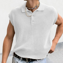 Hehope Leisure Solid Knitting Tops Men Sleeveless Buttoned Turn-down Collar Knit Vest Shirts Spring Summer Men's Clothing Fashion