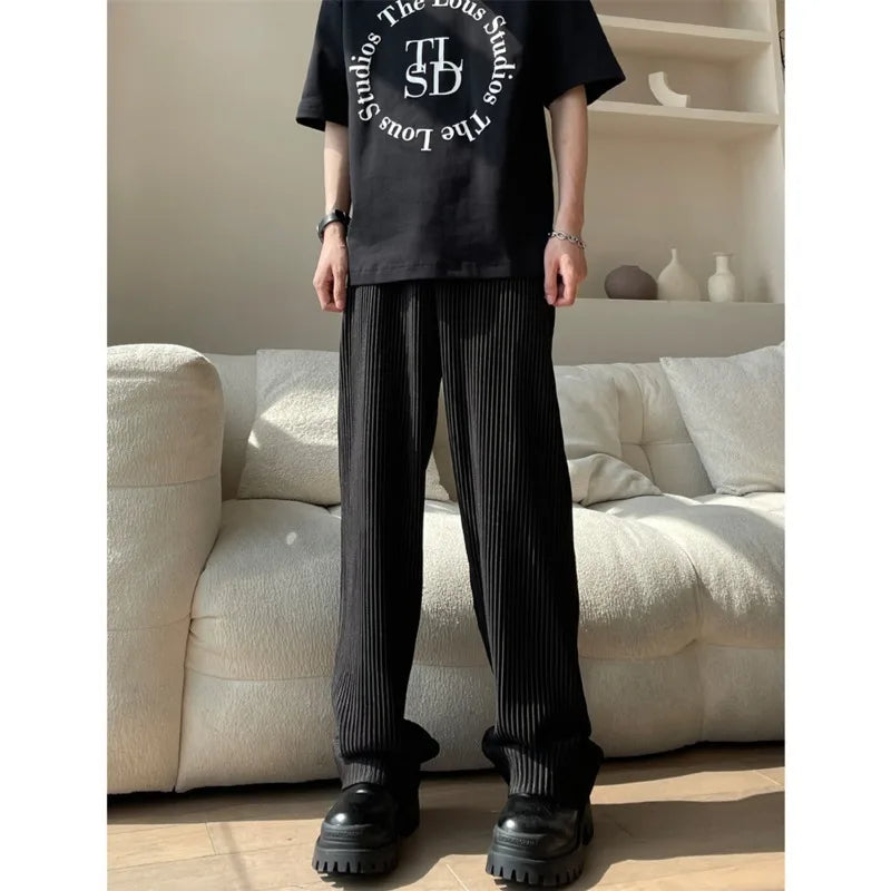 Hehope Summer Pleated Pants Men Fashion Oversized Ice Silk Pants Men Japanese Streetwear Loose Straight Pants Mens Casual Trousers