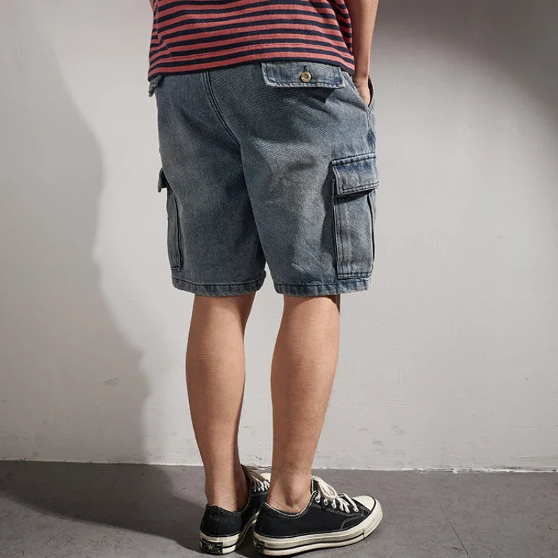 Hehope Shorts for Denim Men's Tooling, Cat's Whiskers, Straight Pants, Old Retro Pants, Versatile Multi-bag Pants