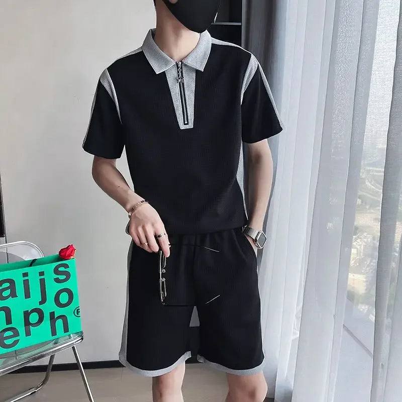 Hehope Plain Male Polo T Shirt Shorts Sets Korean Style Top Elastic Sweatshirt High Quality New In Matching Cool Loose Clothes for Men