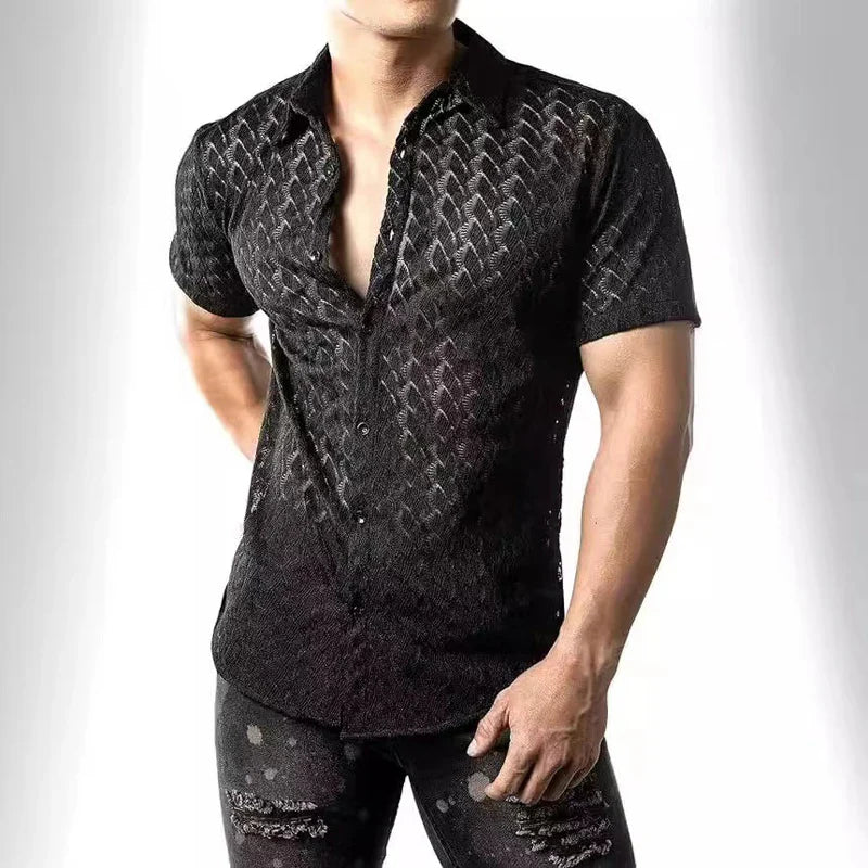 Hehope Fashion Summer New Men's Shirts Hollow-Out Lace Shirt Solid Geometric Patterns Lapel Perspective Short Sleeve Shirt For Male Top