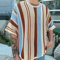 Hehope Summer New Mens Fashion Knit Pullover Top Male Casual Loose Short Sleeve O Neck Knitted Tee Men Trendy Patchwork Striped T-shirt