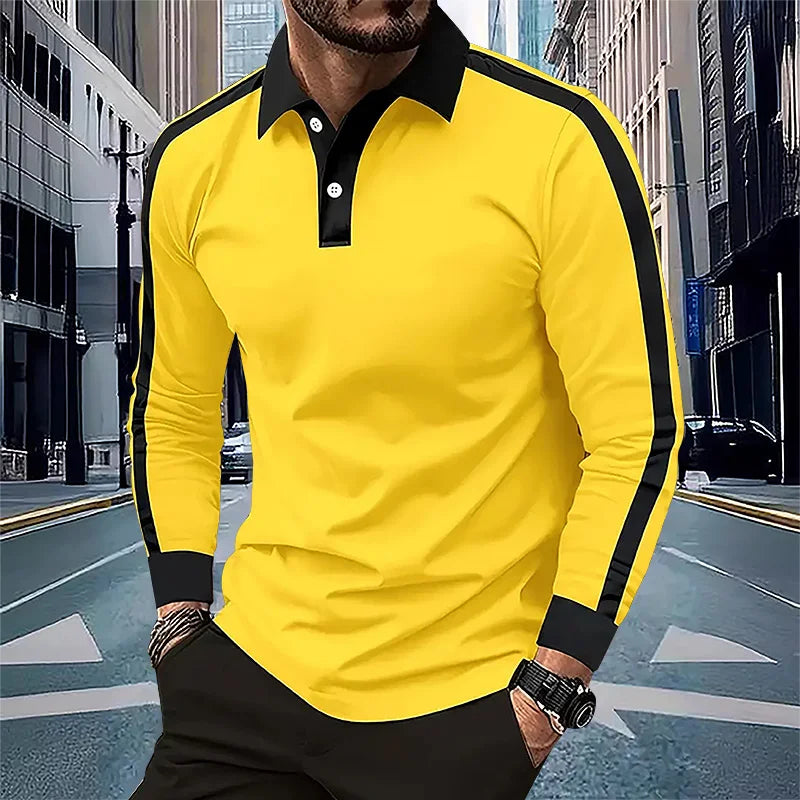 Hehope Men's Long Sleeved Polo Shirt, Spring and Autumn Casual Sports Breathable Top, Men's Fashion Patchwork Polo Shirt