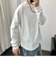 Hehope New Spring and Autumn Fashion Simple Round Neck Solid Color Versatile Trend Casual Loose Underlay Oversize Men's T-shirt