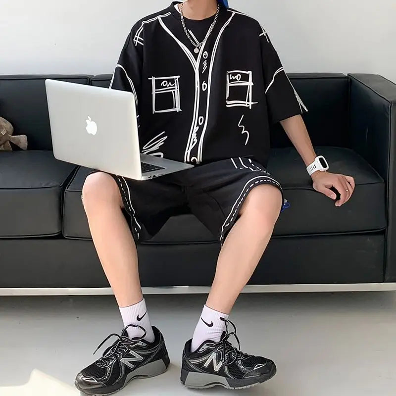 Hehope Summer Elegant Fashion Harajuku Slim Fit Ropa Hombre Loose Casual All Match Sports Suit Ice Shreds Short Sleeve Two Piece Set