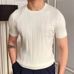 Hehope 2024 O-Neck Stretched Men's Tee Shirt Simple Solid Color Stripe Slim Knitted T Shirt Homme Streetwear Fashion Casual T-Shirt