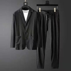 Hehope Spring Autumn Pleated Sets Men Fashion Casual Solid Long Sleeve Blazer And Trousers Two-piece Men Suits Korean Loose Clothing