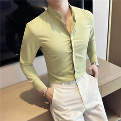 Hehope Brand New Fashion Stand Collar Solid Slim Fit Shirts Mens Casual Luxury Long Sleeve Party Wedding Business Dress Shirts