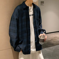 Hehope Japanese Retro Fashion Spring Plaid Shirt Men Long Sleeve Plaid Shirt 100% Cotton Men's Casual Baggy Button Up Tees Shirt