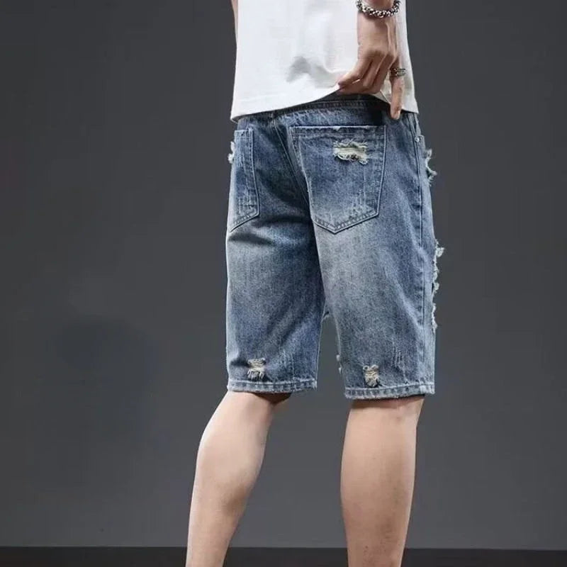 Hehope Short Jeans Pants for Men Slim Blue Skinny Man Denim Shorts Straight Ripped Retro Summer Original Distressed Harajuku Spanx Xxxl