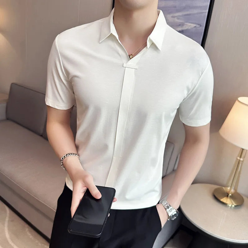 Hehope High Elasticity Mens Short Sleeved T-shirt 2024 Summer Breathable and Soft Solid Casual Slim Fit Ice Silk T-shirt Men Clothing