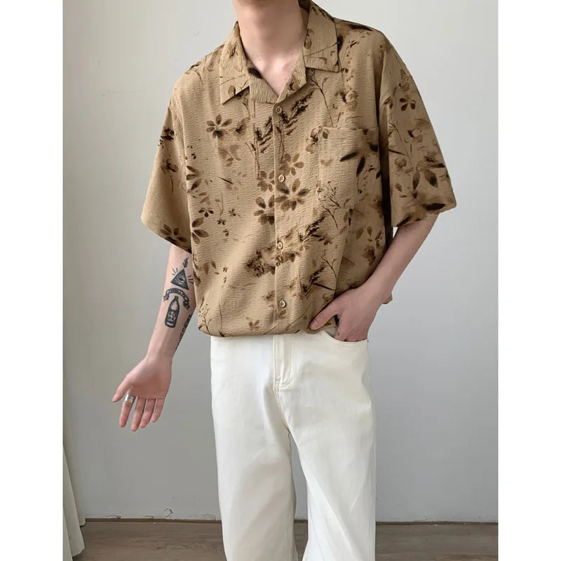 Hehope Summer Short Sleeved Shirt Men Oversized Printed Casual Shirt Men Streetwear Korean Loose Flower Shirts Mens Hawaiian Shirt