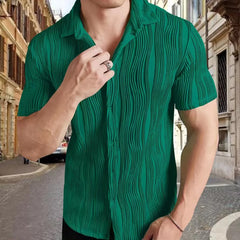 Hehope Summer Men's Shirts Loose Casual Trend Solid Color Cardigan Stripe Jacquard Short-Sleeve Fashion Breathable Shirt For Male Tops