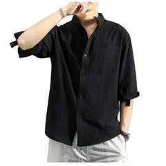 Hehope Solid Colors Long Sleeve Shirts Chinese Style Wear Stand Collar Loose 100% Cotton White Black Shirt Short Sleeve Shirt M-5Xl