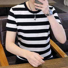 Hehope Men's 2024 Summer New Pullover O-Neck Patchwork Stripe Fashion Comfortable Slim All Match Business Casual Short Sleeved Tops