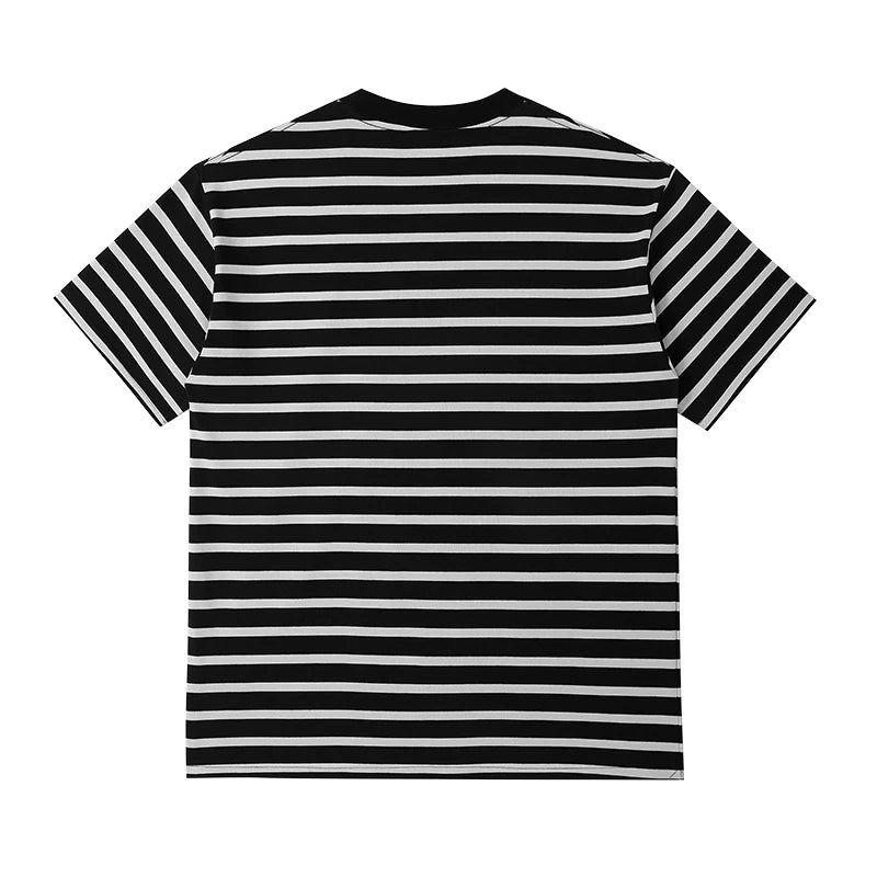 Hehope Summer New Round Neck Fashion Short Sleeve T-shirt Man High Street Casual Striped Loose Pullovers Cotton Y2K All-match Tops