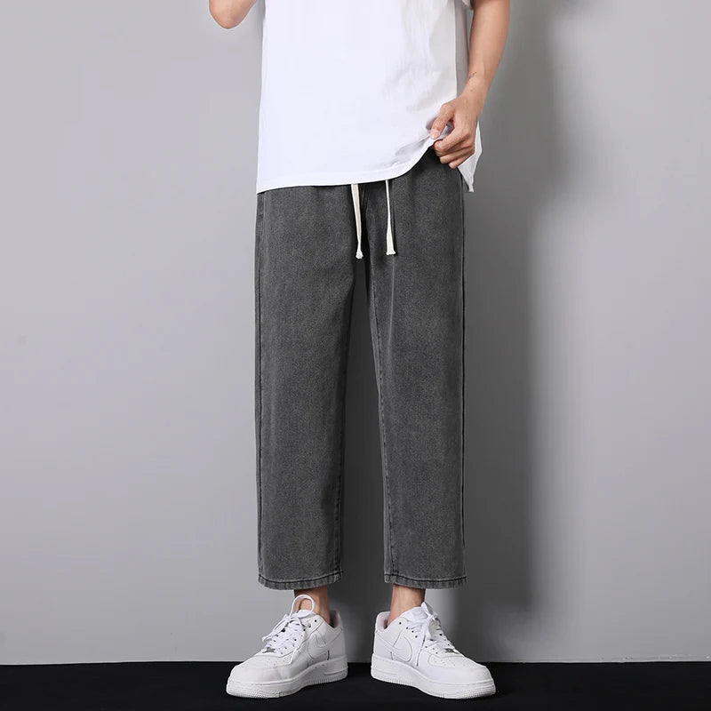 Hehope Autumn New Korean Fashion Men's Black Baggy Jeans Streetwear Elastic Waist Design Denim Ankle-Length Pants Vintage Blue