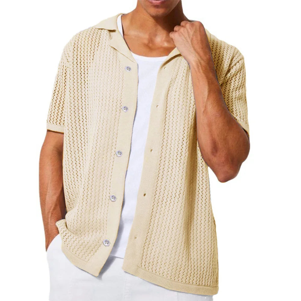 Hehope Mens Fashion Knitted Cardigan Summer Cool Hollow out Top Short Sleeve Shirt Lapel Button Loose Men's Knit Tshirt