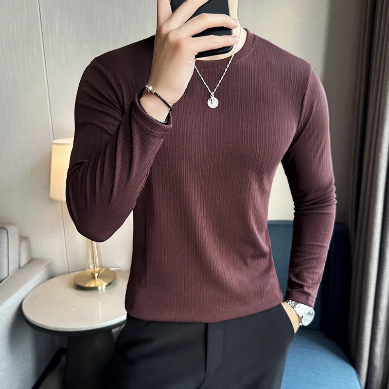 Hehope High Elastic Stripe Men T-shirt Autumn New Long Sleeve Round Neck T-shirt Solid Color Casual Slim Fit White Black T-shirt