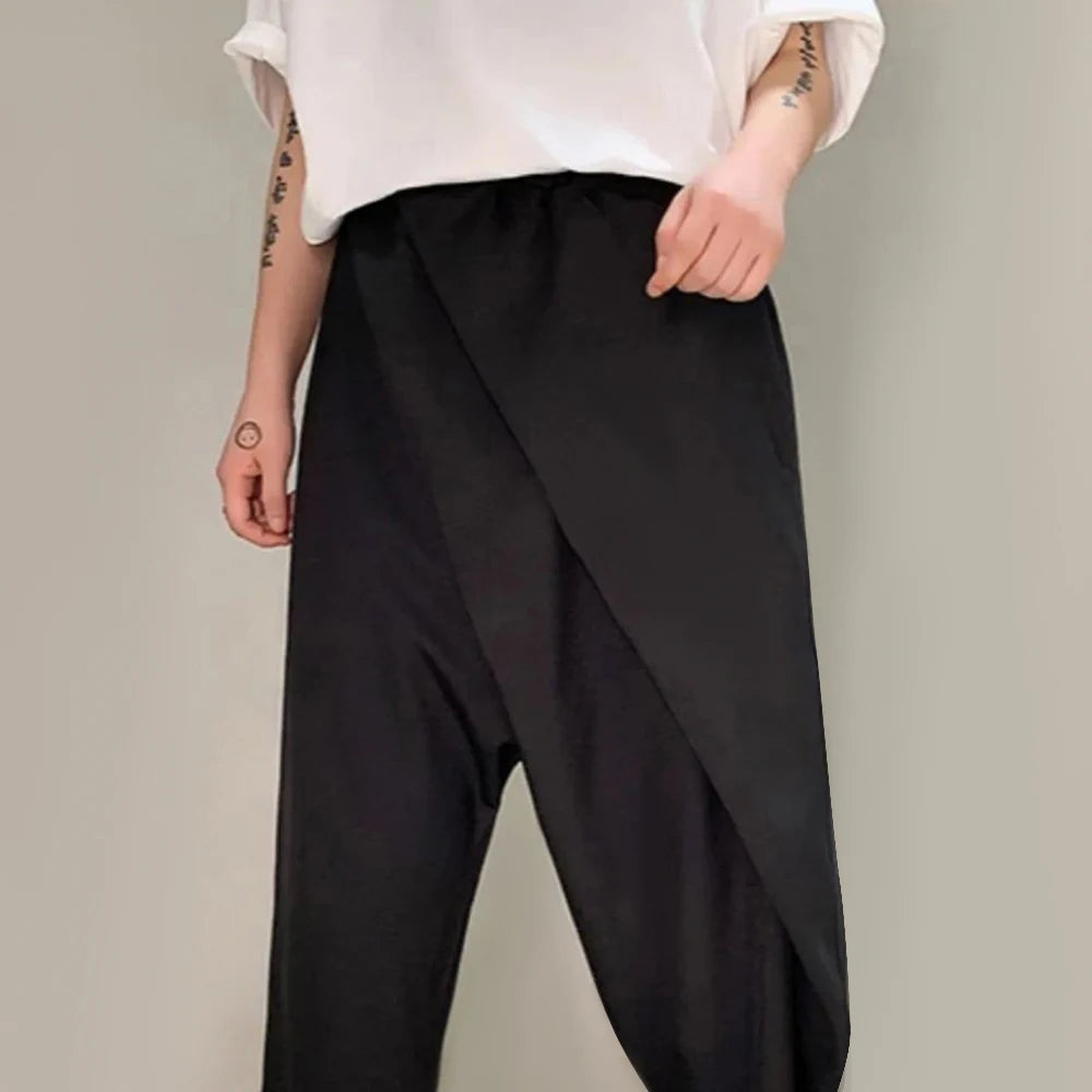 Hehope Men Double-Layer Irregular Pleated Wide-Leg Pants 2024 New Genderless Dark Style Retro Loose Solid Color Nine-Point Pants Unisex