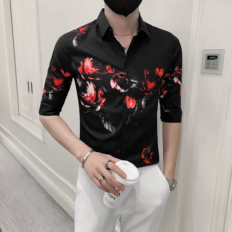 Hehope 2024 Men's Summer New Patchwork Turndown Collar Button Printed Fashion Slim Fit Comfortable Versatile Casual Long Sleeved Shirts