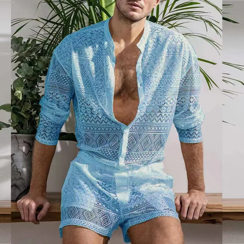 Hehope New Summer Men Two Piece Suits Sexy See Through Lace Outfits Beach Fashion Plain Pattern Print Long Sleeved Tops And Shorts Set