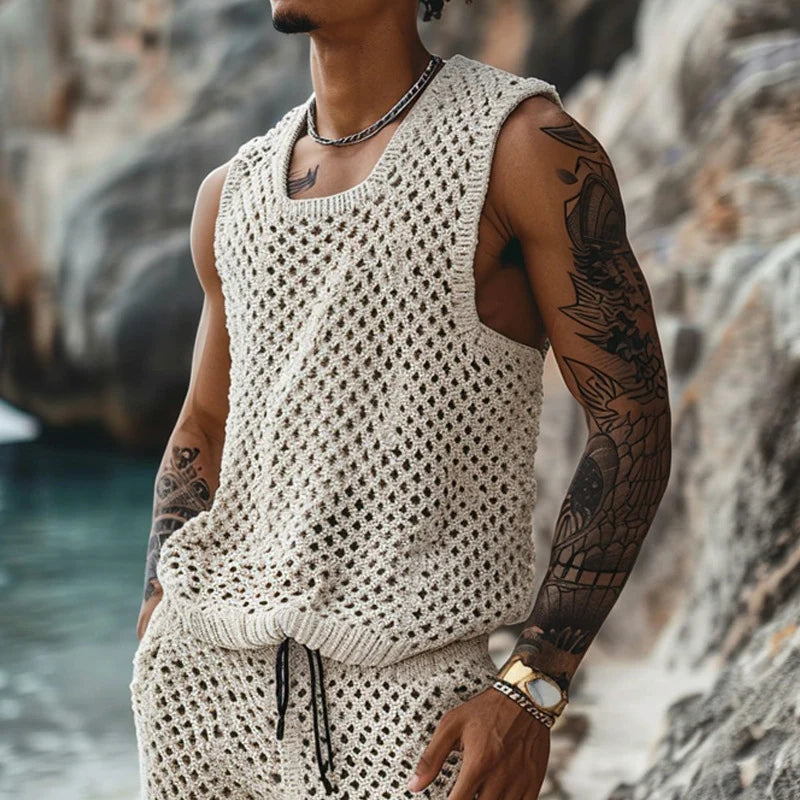 Hehope Male Hollow Out Beach Tracksuit 2024 Summer Casual Men Clothing Knitted Two Piece Set Short Sleeve O Neck Shirt And Shorts Suit