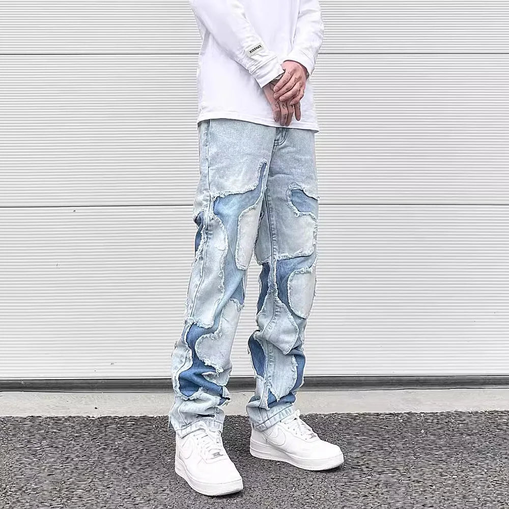 Hehope Streetwear Swag Style Blue Frayed Jeans Pants for Men Retro Washed Ripped Casual Tapered Denim Trousers Slim Fit Y2k Jean Male