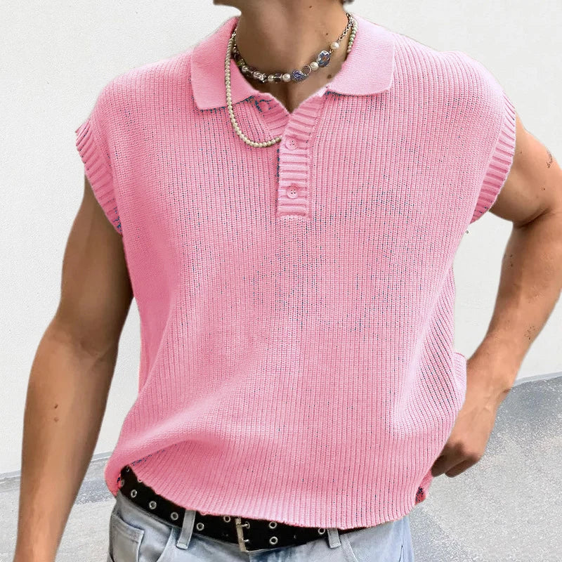 Hehope Leisure Solid Knitting Tops Men Sleeveless Buttoned Turn-down Collar Knit Vest Shirts Spring Summer Men's Clothing Fashion