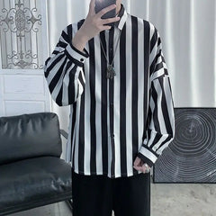 Hehope 2024 Spring and Summer Dark Series High End Pi Shuai Striped Long Sleeved Korean Edition Trendy and Handsome Loose Casual Shirt