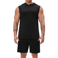 Hehope Summer Two Piece Set Sportswear Suit Mens Clothing Loose Vest T-shirt Hooded Sports Fitness Tank Top+Shorts For Men Outfits