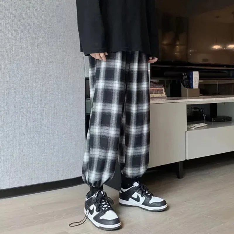 Hehope Plaid Pants Men Fashion Retro Color Contrast Casual Pants Men Streetwear Loose Hip-hop Straight Pants Mens Trousers M-3XL