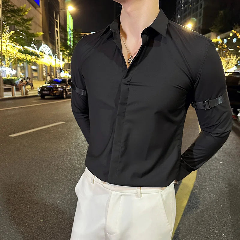 Hehope Autumn Shirts Men Long Sleeve Arm Ribbon Slim Casual Shirts High-quality Social Party Banquet Nightclub Shirt Men Clothing