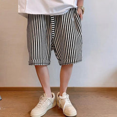 Hehope 2024 Summer Trendy Label Fashion High Street Loose Casual Oversized Vertical Stripes Versatile Slimming Cropped Pants for Men