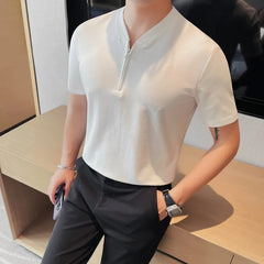 Hehope Korean Zippered Polo Shirt for Men Short Sleeve Casual T-shirts Fashion Business Collarless T-shirt Social Office Tee Tops M-4XL