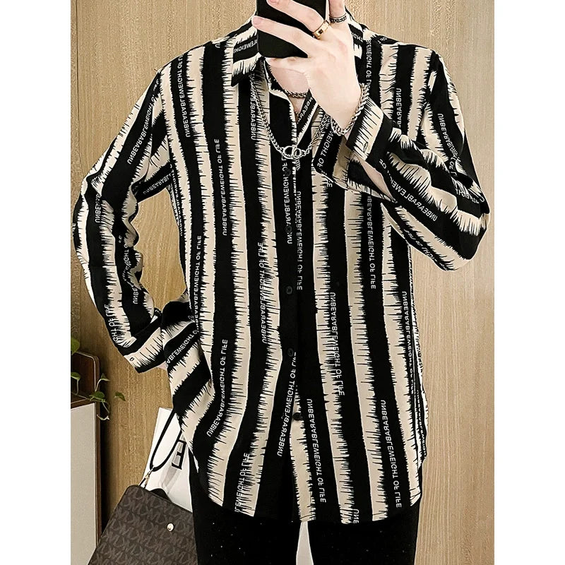 Hehope 2024 New Spring and Summer Pi Shuai Casual Loose Fashion Trend Thin Flip Collar Letter Printed Stripe Long Sleeved Shirt for Men