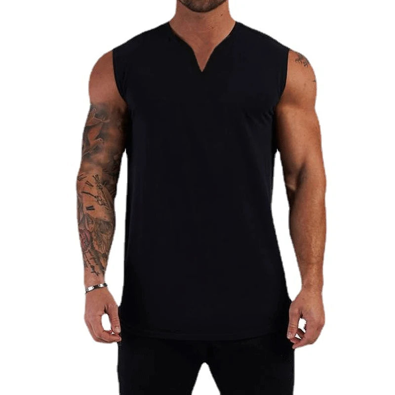 Hehope Solid Color Sleeveless Sports T-shirts For Men Summer Muscle Tank Top V-neck Tee Fitness Running Tight Vest Casual Male Clothes