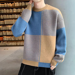 Hehope Autumn Winter Round Neck Patchwork Loose Casual Jumpers Men Knitting Pullovers Homme All-match Fashion Bottoming Sweater Top