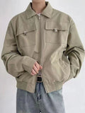 Hehope Streetwear Mens Jacket Spring Long Sleeve Zip up Lapel Patch Pockets Coats For Men Vintage Cargo Jackets Solid Color Men's Coat