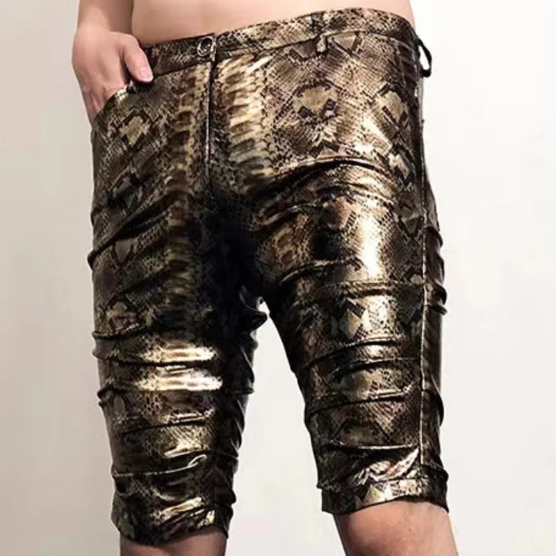 Hehope Gold Silver Snake Pattern Shinny Leather Shorts Men's Costumes Anti-bright PU Shorts Sexy Nightclub Elasticity Motorcycle Shorts