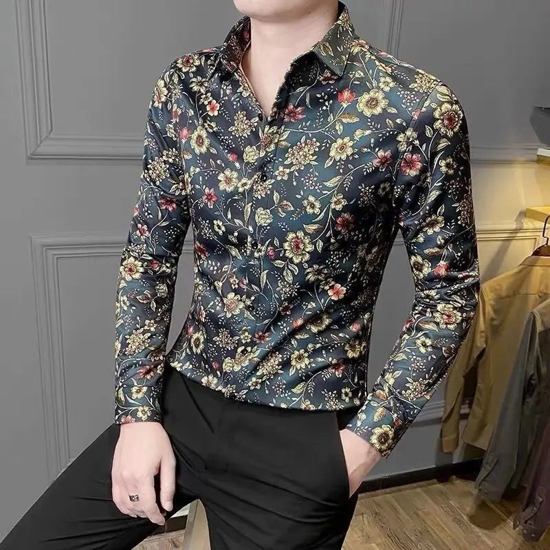 Hehope Summer Handsome Retro Loose Casual England Style Men's Shirt Irregular Print Polyester Button Lapels Long Sleeve Y2K Chic Tops