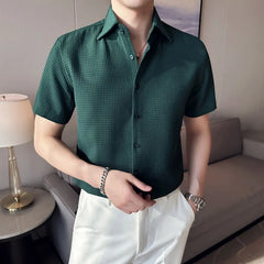 Hehope Summer Waffle Short Sleeved Shirt Men Fashion Casual Solid Color Lapel Loose Shirt Male Korean Social Business Dress Blouse