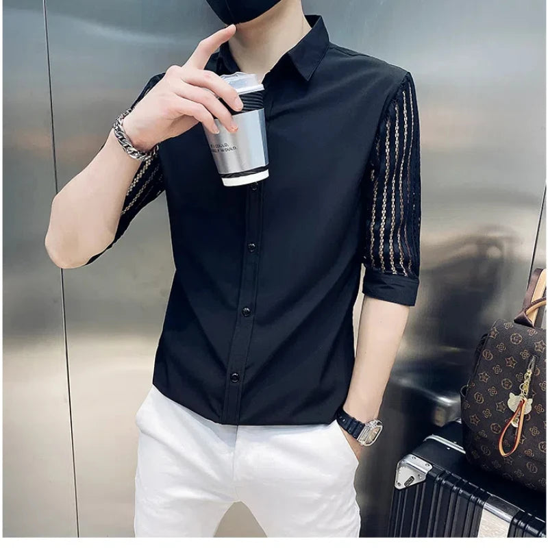 Hehope Summer Boyfriend 2024 New Spliced Square Collar Button Hollow Out Fashion Solid Slimming Minimalist Casual Half Sleeve Shirts