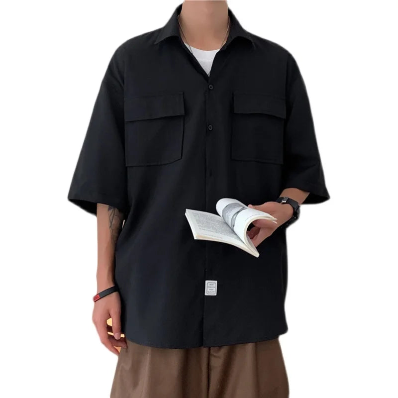 Hehope Men's Solid Color Cargo Shirts Summer Fashion Pockets Short Sleeve Shirt Men Casual Oversize Tops Male Clothing